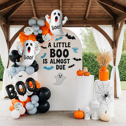 Halloween Balloon Garland Arch Kit - 114Pcs Black Blue Orange Balloons with Ghost Bat Boo Foil Balloons for A Little Boo Is Almost Due Baby Shower, Spooky Theme Indoor Outdoor Party Decorations