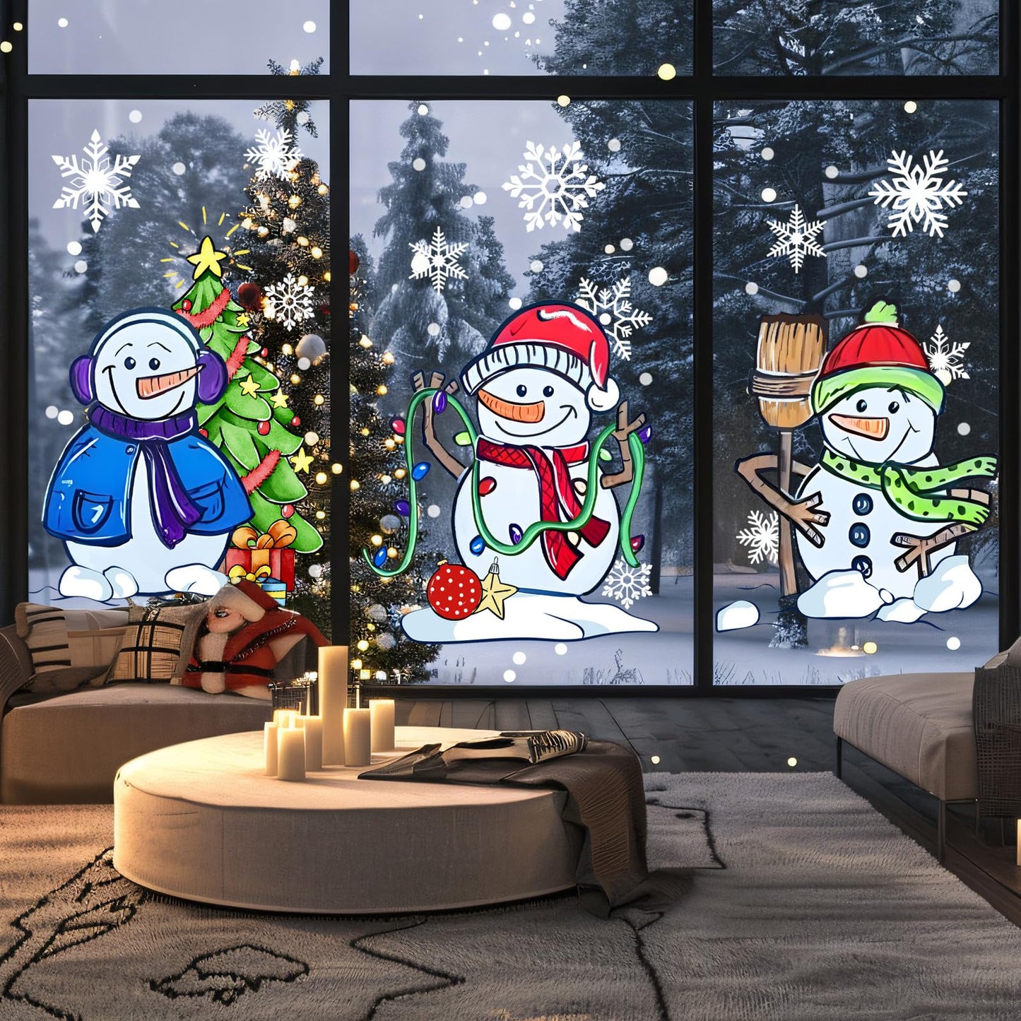 JarThenaAMCS 13.8 * 35.4'' Extra Large Christmas Window Clings 4 Sheets Cartoon Snowman Snowflake Window Stickers Double-Sided Glass Decals for Winter Xmas Home Classroom Office Party Decoration