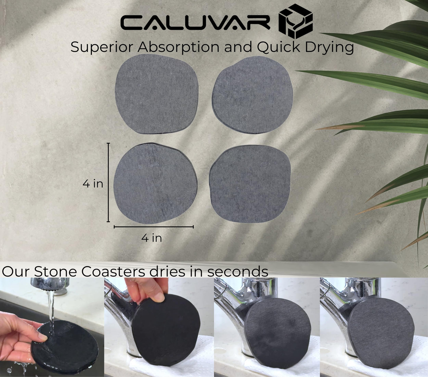 Stone Coasters Slate Set of 4, Absorbent Diatomaceous Earth Coasters for Drinks, Small Plant Coaster, Modern Gray Home Decor, Birthday Gift for Him, Fast Absorbing Diatomite Coaster, Stone Coasters