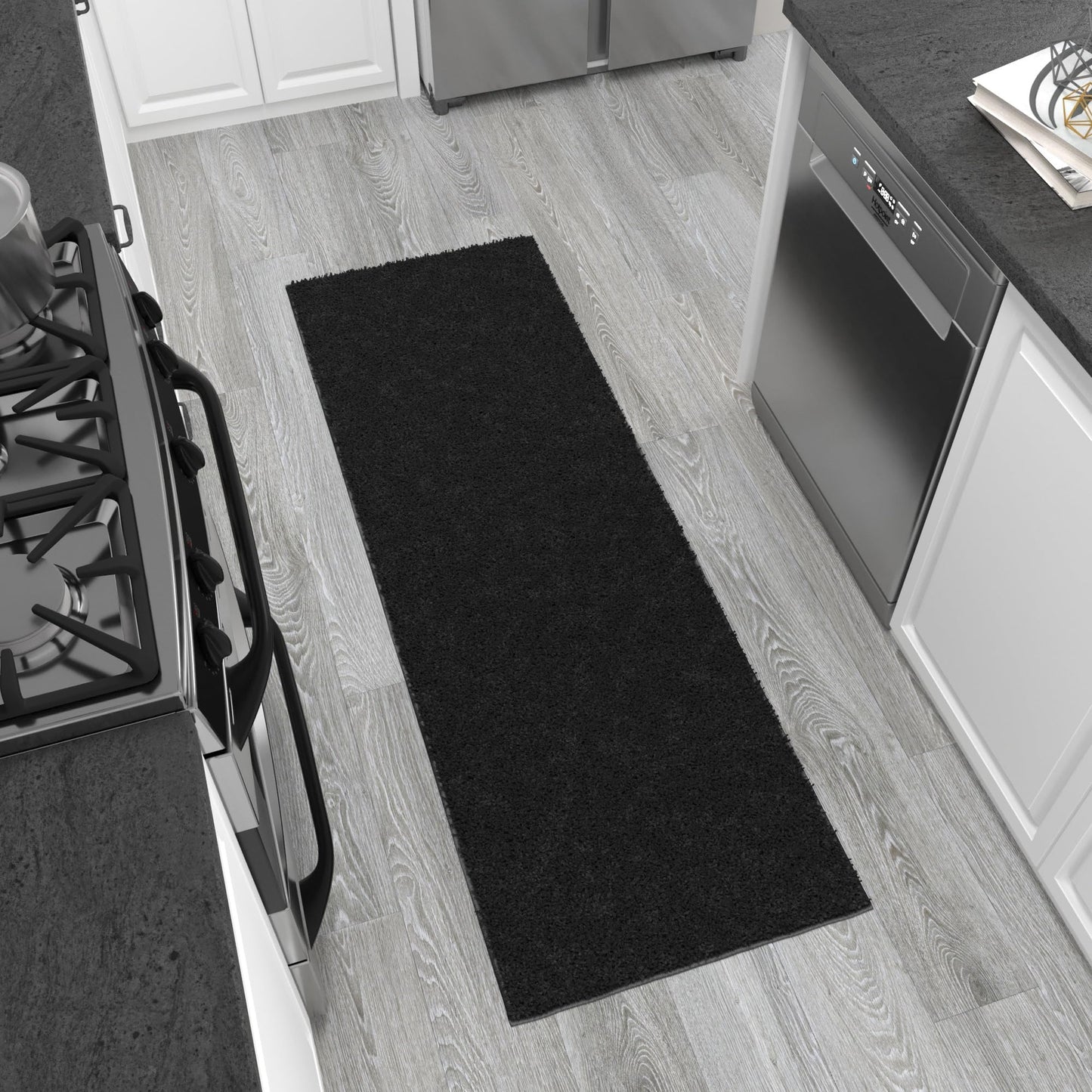 Ottomanson Shag Area Rug 3' x 5', Fluffy Bedroom Rug with Non-Slip Rubber Backing, Soft Non-Shedding Accent Rug for Living Room, Nursery, Entryway, Dorm, Black