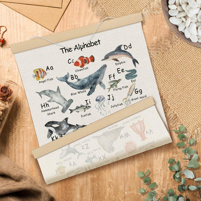 MOTERMATE Ocean Animal Alphabet Numbers Nursery Poster Hanger Frame, Educational Wall Hanging Decor Art Framed for Kids Toddler Room Bedroom Classroom, Nursery Wall Poster Prints, 12x16 Inch Set of 2