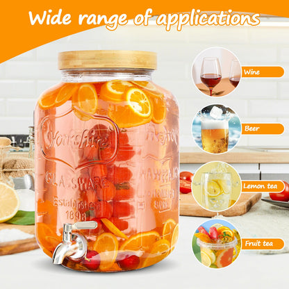 2 Gallon Drink Dispenser with Stand，Glass Beverage Dispenser With Wood Stand, 18/8 Stainless Steel Spigot and Labels Large Water Drink Dispensers for Parties, Lemonade,Juice, Tea