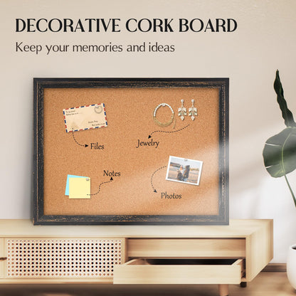 QUEENLINK Cork Bulletin Board 36" x 24", Wall Mounted Cork Board with Black Rustic Wooden Frame, Decorative Pin Board for Office, Home & Classroom Decor, White