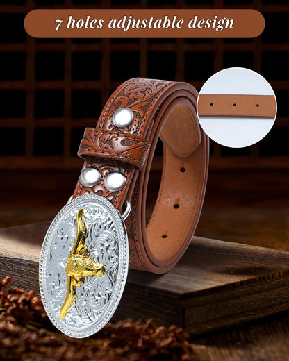 Kajeer Kids Western Belt for Boys Girls, Cowboy Genuine Leather Embossed Western Longhorn Bull Buckle Belts for Jeans (Cow Buckle- brown, for Wasit 21"-26")