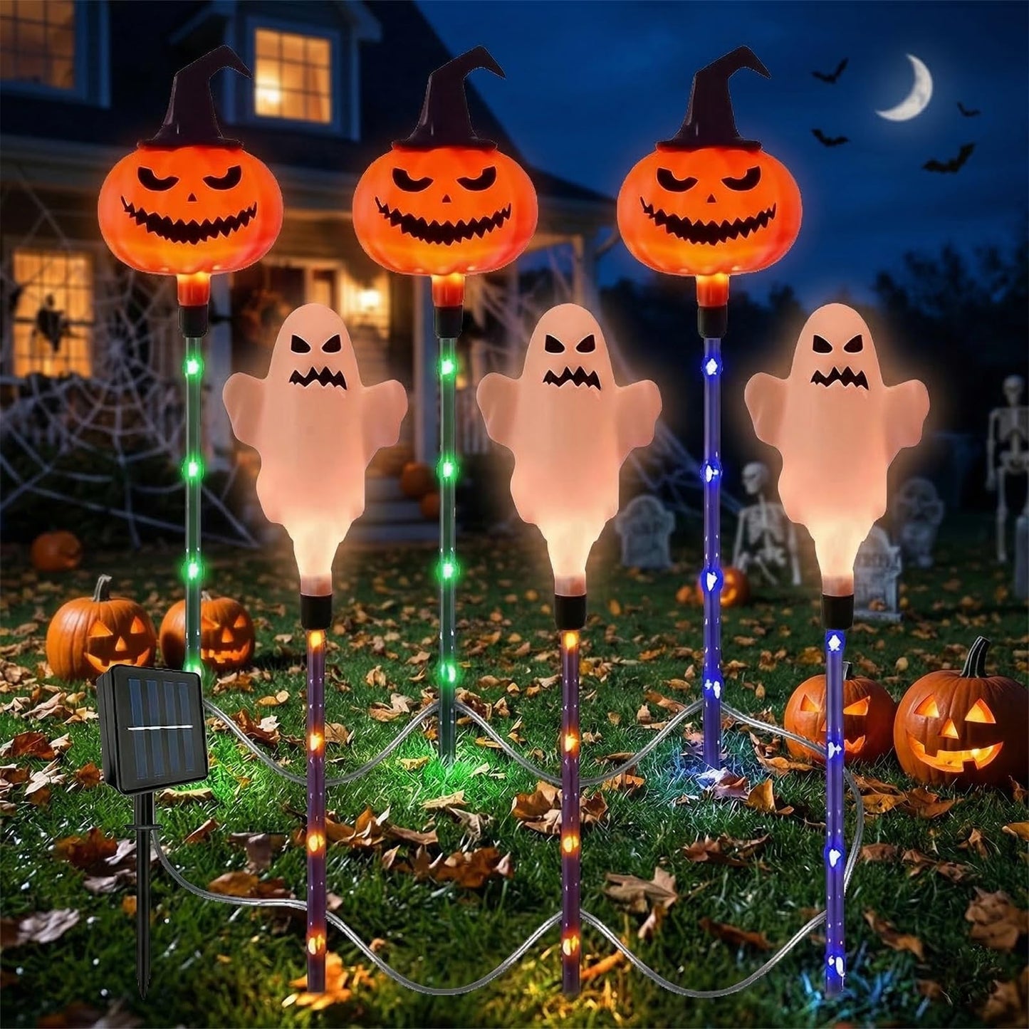 AVEKI 6 in 1 Halloween Ghost Pumpkin Solar Pathway Lights Outdoor, Stake Lights with 8 Lighting Modes, Waterproof Outdoor Garden Lights for Halloween Decorations Yard Pathway (Ghost & Pumpkin)