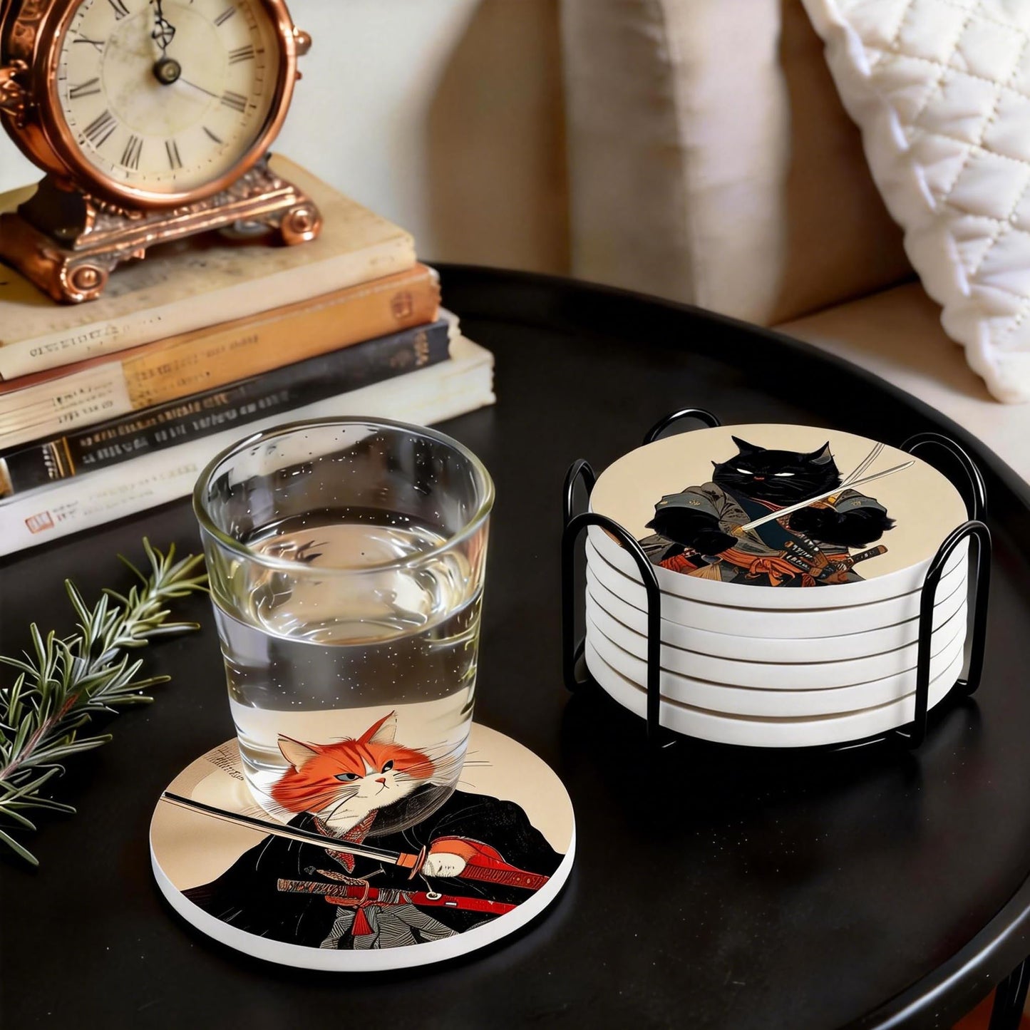Dooke Coasters for Drinks, Round Absorbent Ceramic Stone Coasters Set of 6 with Cork Base, Funny Drink Coasters with Holder for Cold Drinks Wine Mugs and Cups Tabletop Protection,Japanese‌ Cat