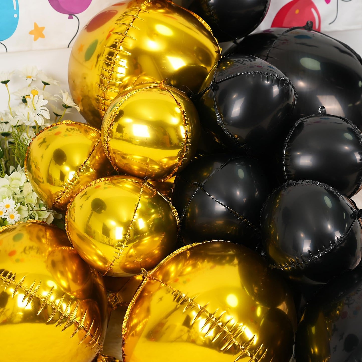 12Pcs Black Round Foil Balloons, 22" 15" 10" Metallic Black 4D Ball Balloons for Birthday Graduation Christmas New Year Eve Halloween Party Backdrop Decorations