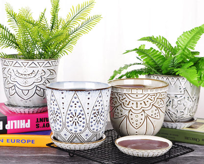 VanEnjoy 5.9 inch Round Bohemian Style Ceramic Planter, Geometry Engrave Off White Brown Planter Flower Pot, Indoor Outdoor Decorative Planter