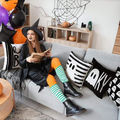Beeveer 4 Pcs Halloween Throw Pillow Covers Set 18x18 Inch White Crochet Cute Ghost Pillow Case Embroidered Cushion Covers for Halloween Horror Farmhouse Couch Sofa Room Decor