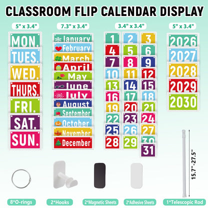 Upgraded 2-in-1 Flip Calendar for Classroom with Magnetic & Adhesive Fixing, Adjustable Magnetic Rod Flip Calendar for Whiteboard, Black and White Classroom Decor Bulletin Board Set (Patterned)