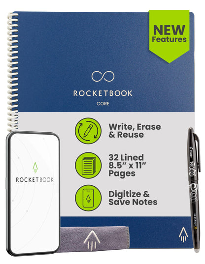 Rocketbook Core Reusable Smart Notebook, Lined Pages For School, Work and Creative Projects, Letter Size 8.5x11, Blue - Premium