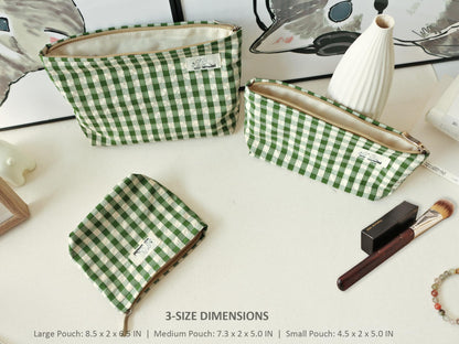 HAPPYHEIDI Nylon Checker Makeup Bag Set 3 with Compartment Cosmetic Toiletry Travel Pouch,Purse Accessory Organizer, 3-Size, Beige Green Plaid, Canvas Lined