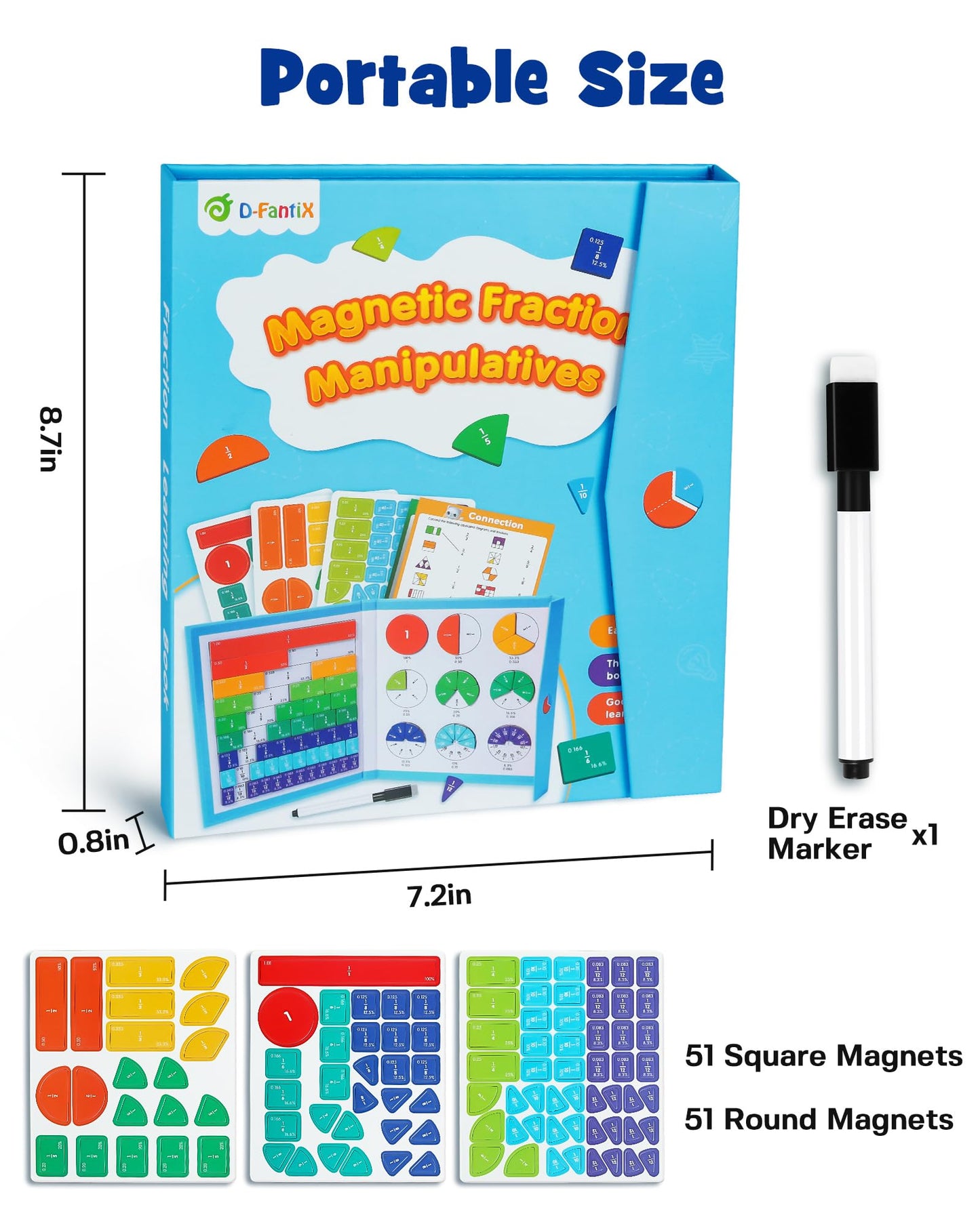 D-FantiX Magnetic Fraction Educational Puzzle, Magnetic Fraction Tiles & Fraction Circles Set, Math Manipulatives for Elementary School, Montessori Fraction Manipulatives Learning Toys for Kids