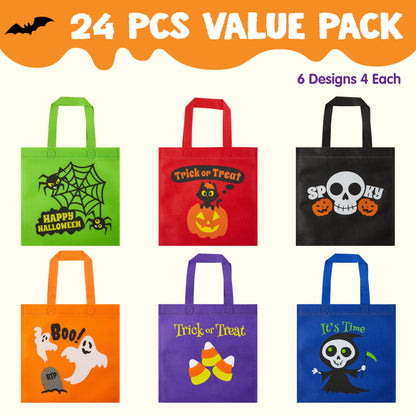 JOYIN 24PCS Halloween Non-Woven Treat Bags, 8.6" Goodie Totes Bags with Handles, Halloween Candy Bag for Kids Trick or Treating, 6 Cute Designs Gifts Goody Bag Bulk for Classroom Party Favor Supplies