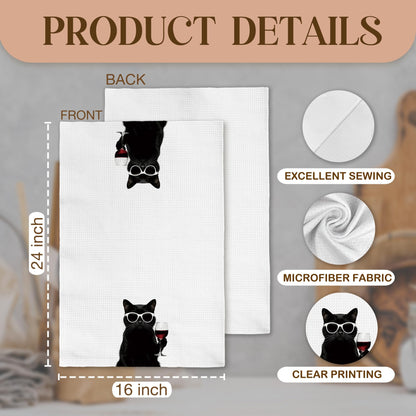 Qskjre Funny Black Cat Wine Kitchen Towels, Cat Mom Gifts for Women, Black and White Cats Decor, Wine Lover Gift Decorative Hand Tea Dish Towel for Kitchen Bar Cart Decor,16x24 Inch