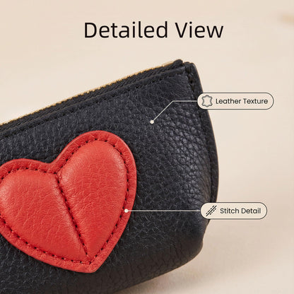 Red Heart Design Small Coin Purse - Cute Compact Keychain Change Purse Soft Leather Wallet with Zipper for Women (Black)