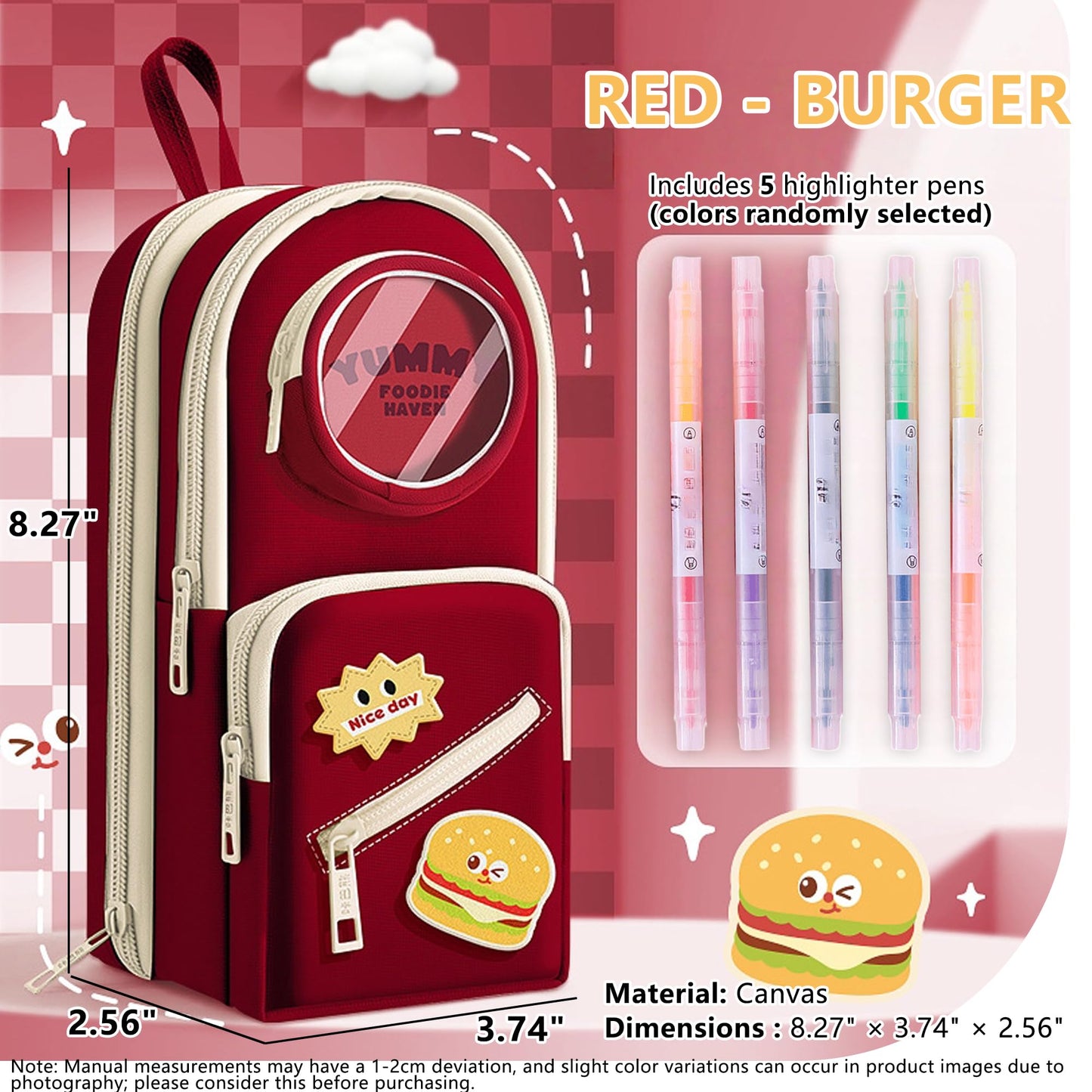 UINSUE Mini Backpack Pencil Case Art Marker Storage Canvas Makeup Pocket Small Gadget Bag Organizer Random Free of Highlighters (RED -BURGER)