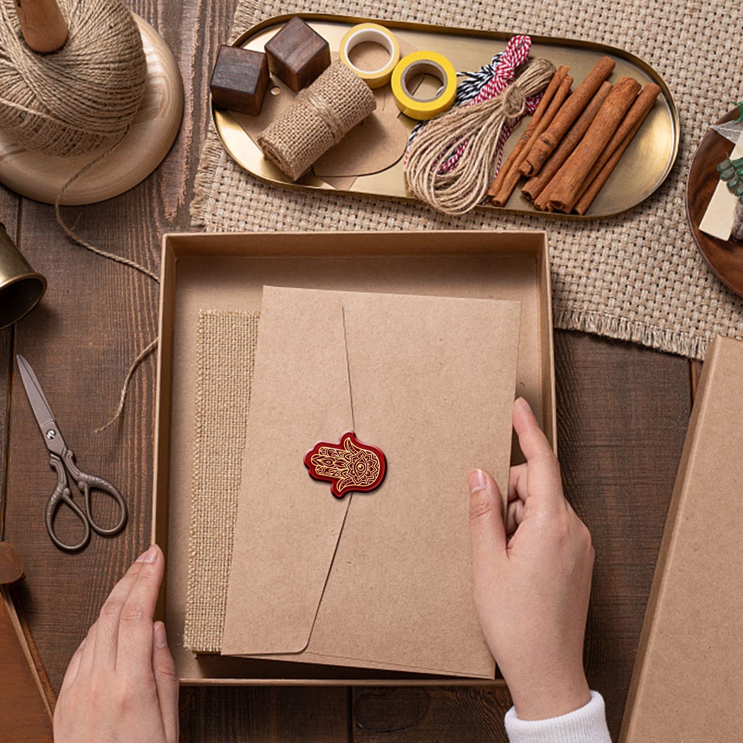 CRASPIRE Lotus Wax Seal Stamp Evil Eye Sealing Wax Stamps Hamsa Retro Vintage Removable Brass Stamp Head with Wood Handle for Wedding Invitations Halloween Christmas Thanksgiving Gift Packing