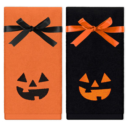 Whaline Halloween Hand Towels Pumpkin Face Embroidered Cotton Bathroom Towel Absorbent Bath Towel for Hand Drying Kitchen Cleaning Cooking, 29.5 x 13.7 Inch, 2Pcs