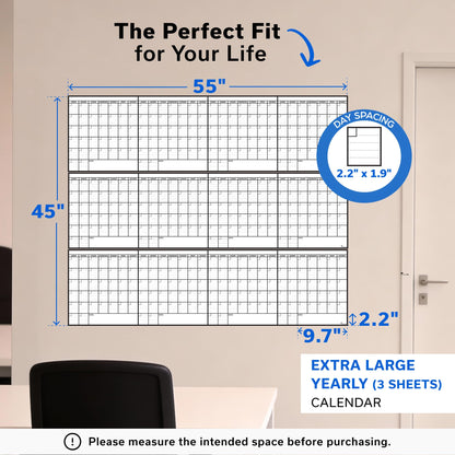 Dry Erase Year Calendar for Wall 45x55, Family Office Undated Yearly Annual Large, 12 Giant Erasable Month Wall Classroom, Rolled Whiteboard White Board, for Calendar Dry Planner Erase Reusable