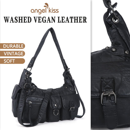 Angel Kiss Hobo Bag for Women Small, Soft Vegan Leather Shoulder Purses and Handbag with Multi-Pocket, Retro Tote Bag Crossbody with Top-Handle and Removable Strap,Black