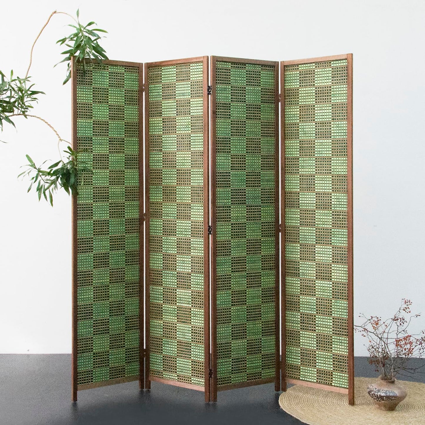 Furnnylane 4 Panel Room Divider Screen and Folding Panel Screen,Double Sided Bamboo Divider for Room Separation,Emerald Square,67" H x 63" W