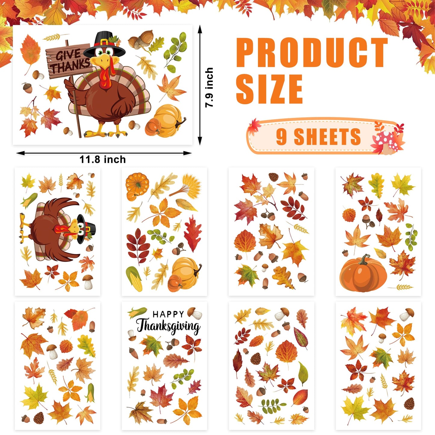 9 Sheets Thanksgiving Window Clings Double Sided Turkey Window Decals Pumpkin Fall Leaves Windows Decal Stickers for Thanksgiving Fall Autumn Glass Home Classroom Office Decor