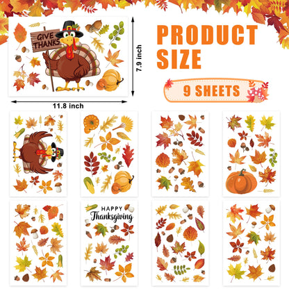 9 Sheets Thanksgiving Window Clings Double Sided Turkey Window Decals Pumpkin Fall Leaves Windows Decal Stickers for Thanksgiving Fall Autumn Glass Home Classroom Office Decor