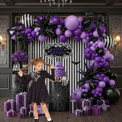 Purple Black Balloon Arch Garland Kit with Bow Star Mylar balloons and Gothic Birthday Backdrop Black white striped balloons for Gothic Girl TV Drama Decorations Spooky Halloween k pop Party Supplies