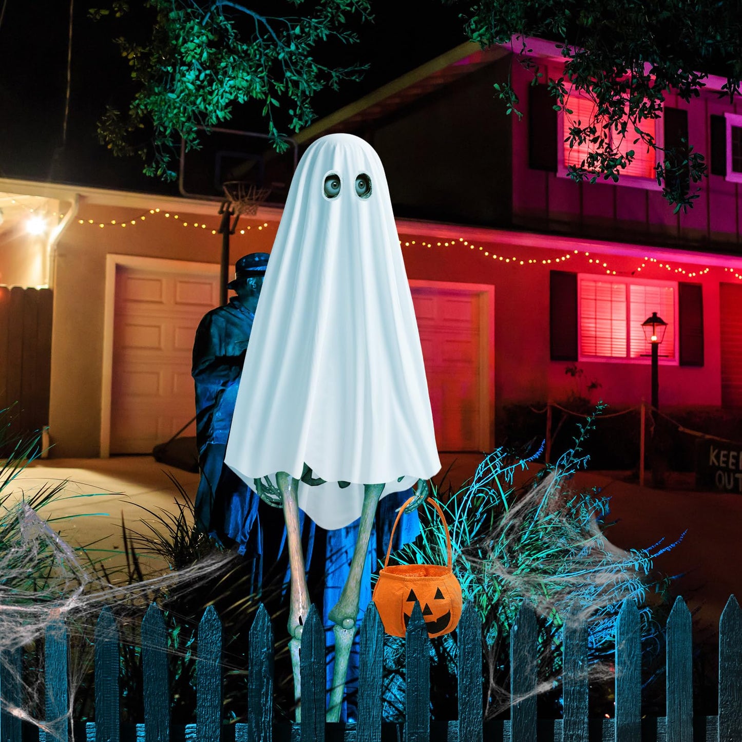 Cozypower 12 ft Skeleton Costume Accessories, Halloween Skeleton Ghost Outfit Set, Includes White Ghost Clothing and Pumpkin Basket for Giant Sized Halloween Garden Outdoor Decor