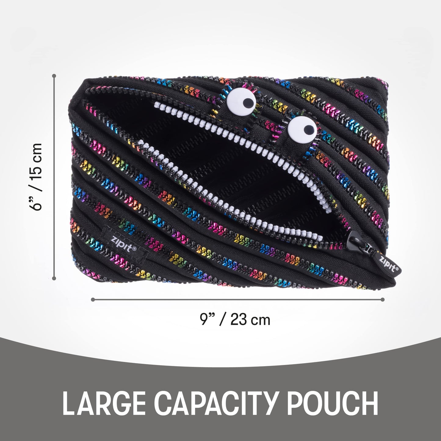 ZIPIT Monster Large Pencil Case for Kids | Pencil Pouch for School, College and Office | Pencil Bag for Boys & Girls (Black & Rainbow)