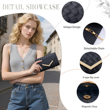 Larcenciel Clutch Purse for Women, Woven Black Leather Evening Bag w/Chain Strap, Formal Envelope Clutch Handbag, Elegant Crossbody Shoulder Party Bags for Wedding, Prom, Cocktail Night, Date, Dinner