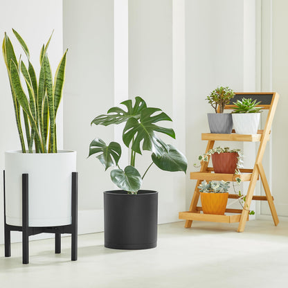 FaithLand 8-Inch Modern Cylinder Planter, Thick-Walled Plastic Plant Pot with Drainage Holes and Detachable Saucer, Matte Black, Ideal for Indoor & Outdoor Plants Flowers