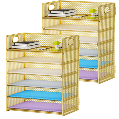 Marbrasse 2 Pack Desk Organizer with Handle, 6 Tier Paper Letter Tray, Mesh Desk File Organizer for Office, School and Home - Gold