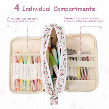 BuyCard Big Capacity Pencil Pouch, Pink Floral Corduroy 4-Compartment Pen Bag, Aesthetic Stationery Organizer for Teen Girls Women, Must-Have for Teacher, Makeup & Electrical Goods Storage Case