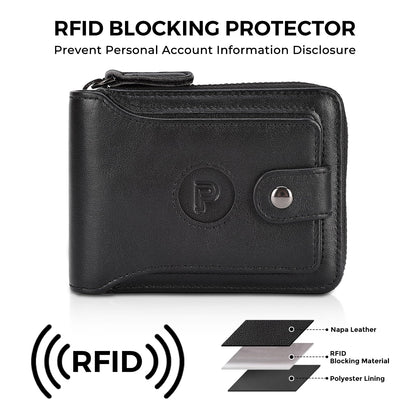 Polare Napa Leather Wallet for Men Bifold RFID Blocking Cash Credit Card Case with Air Tag Slot and YKK Zip Coin Pocket (Black with AirTag Slot)
