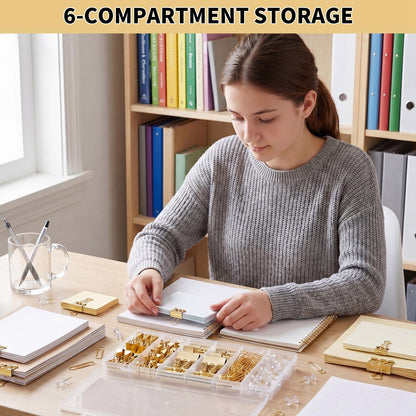 BESARME Gold Paper Clips and Binder Clips Set, 279 Pcs Gold Desk Accessories Assorted Office Essentials in Organizer Box for Office School Home Paper Sorting Note Pinning