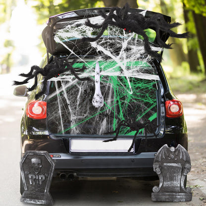 Hiboom Trunk or Treat Halloween Car Decoration Spider and Tombstones Set Including 2 Tombstones 3 Hairy Spiders 60 Little Realistic Spider White Cotton Web Green Cotton Web Spider Egg Sack