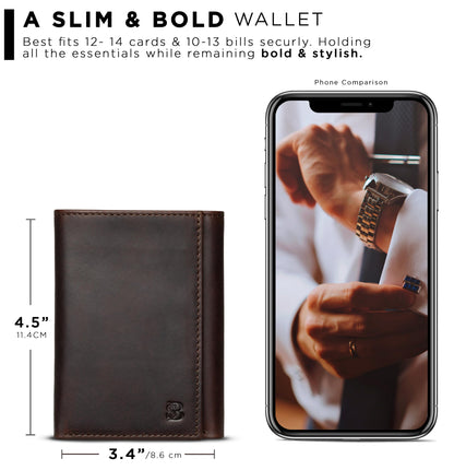SERMAN BRANDS Trifold Wallet for Men - RFID Blocking Full Grain Leather, 11 Card Slots & ID Window, Slim Everyday Carry, Durable Stitching, Gift for Him