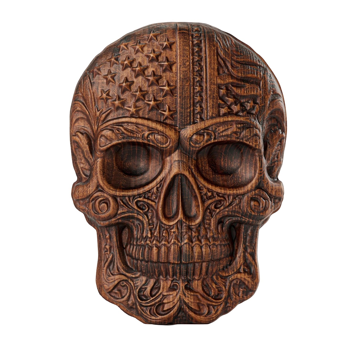 bgcarpenter Wooden Skull Statue with USA Flag, Handmade Skull Wall Decor, Human Head Model Halloween (8 Inch)