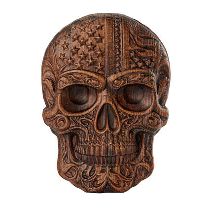 bgcarpenter Wooden Skull Statue with USA Flag, Handmade Skull Wall Decor, Human Head Model Halloween (8 Inch)