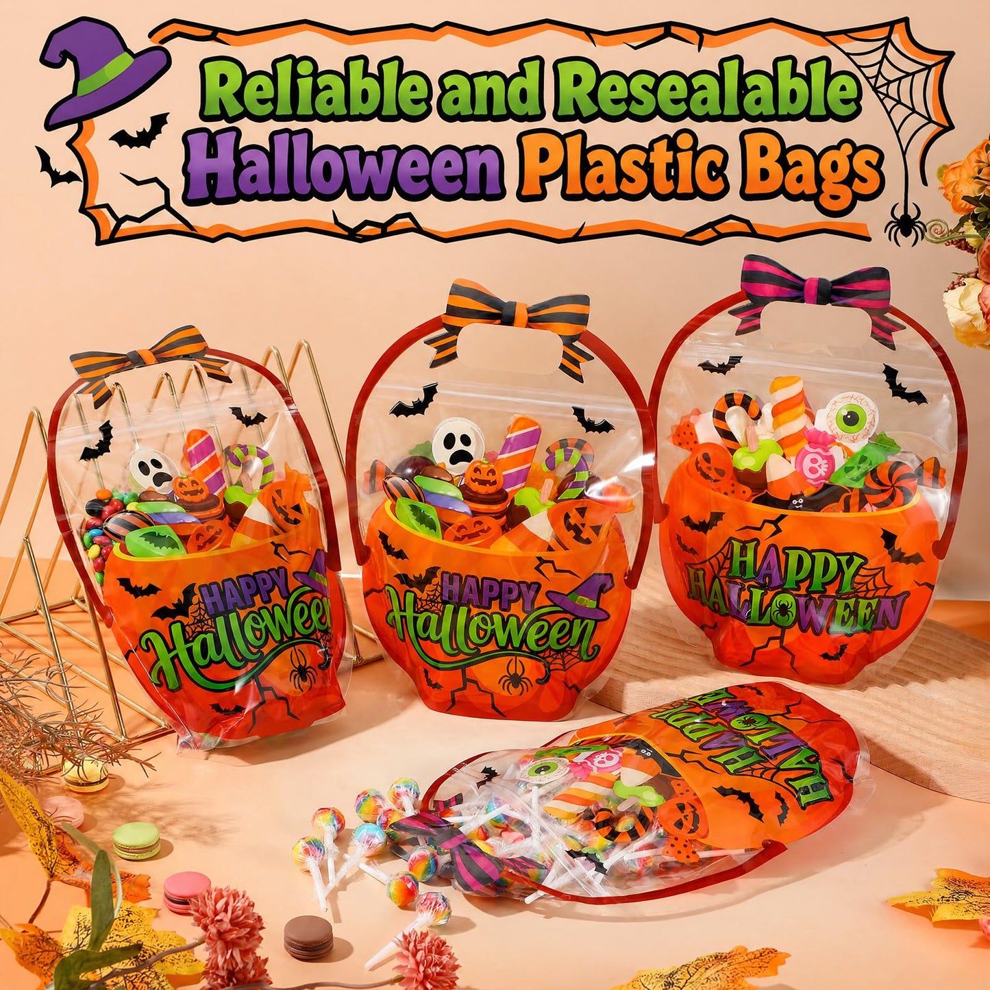 Fuutreo 50 Pcs Halloween Plastic Bags Clear Pumpkin Sealed Gift Pouches with Handles Resealable Scary Holiday Favor Bags for Halloween Holiday Party Candy Gift Wrapping Supplies Decoration