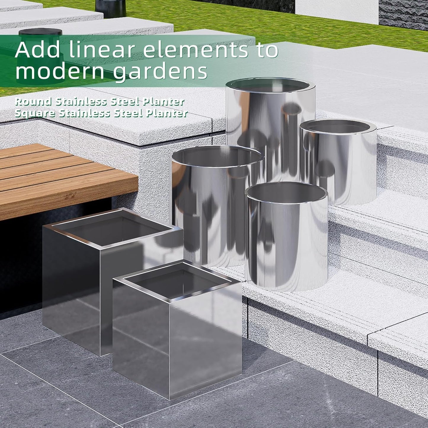 LONGRUNNEW Stainless Steel 30cm Square Planter with Wheels Trolley, Large Plant Pots for Indoor, Outdoor, Business Space, Public Places, Easy to Clean and Move