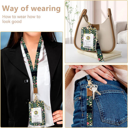 2-in-1 ID Badge Holder & Lanyard Wallet Cute Women Leather Zip ID Case Wallet with Breakaway Wrist Neck Lanyard, Clear Window, 5 Card Slots, Ring Keychain for Worker Teacher Floral Halloween Black Cat