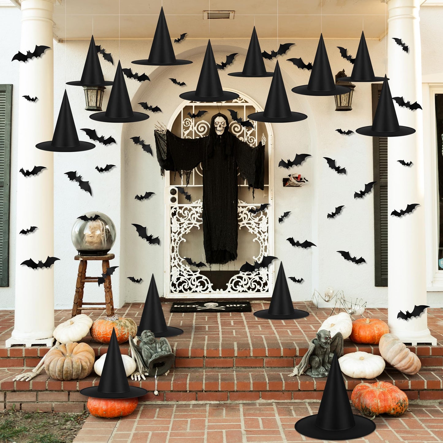 Shojoy 14 Pieces Halloween Black Witch Hats with 32 Pieces 3D Bats Sticker Wall Decor and 328 Feet Hanging Rope Witch Hat Decoration Cosplay Costume Accessory Caps Halloween Fancy Caps Yard Decor