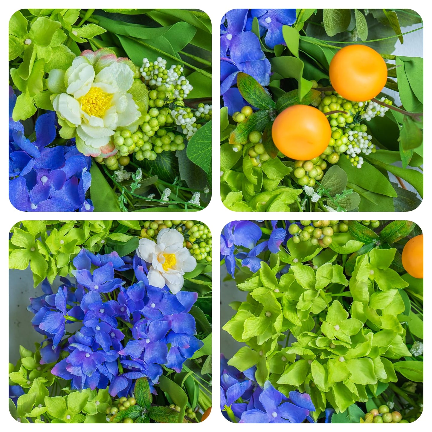 Spring Wreaths for Front Door 24 Inch, Summer Wreath Outdoor，Silk Hydrangea Wreath with White Blossoms & Mini Mandarins, Rustic Farmhouse Indoor & Outdoor Seasonal Wreath, Spring&Summer Home Decor