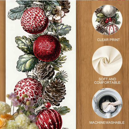 Elegant Christmas Table Runner and Placemats Set – 1 Runner & 4 Placemats – Festive Wreath Design with Red & White Baubles, Pinecones & Berries –Holiday Table Decor for Winter Dining & Christmas Party