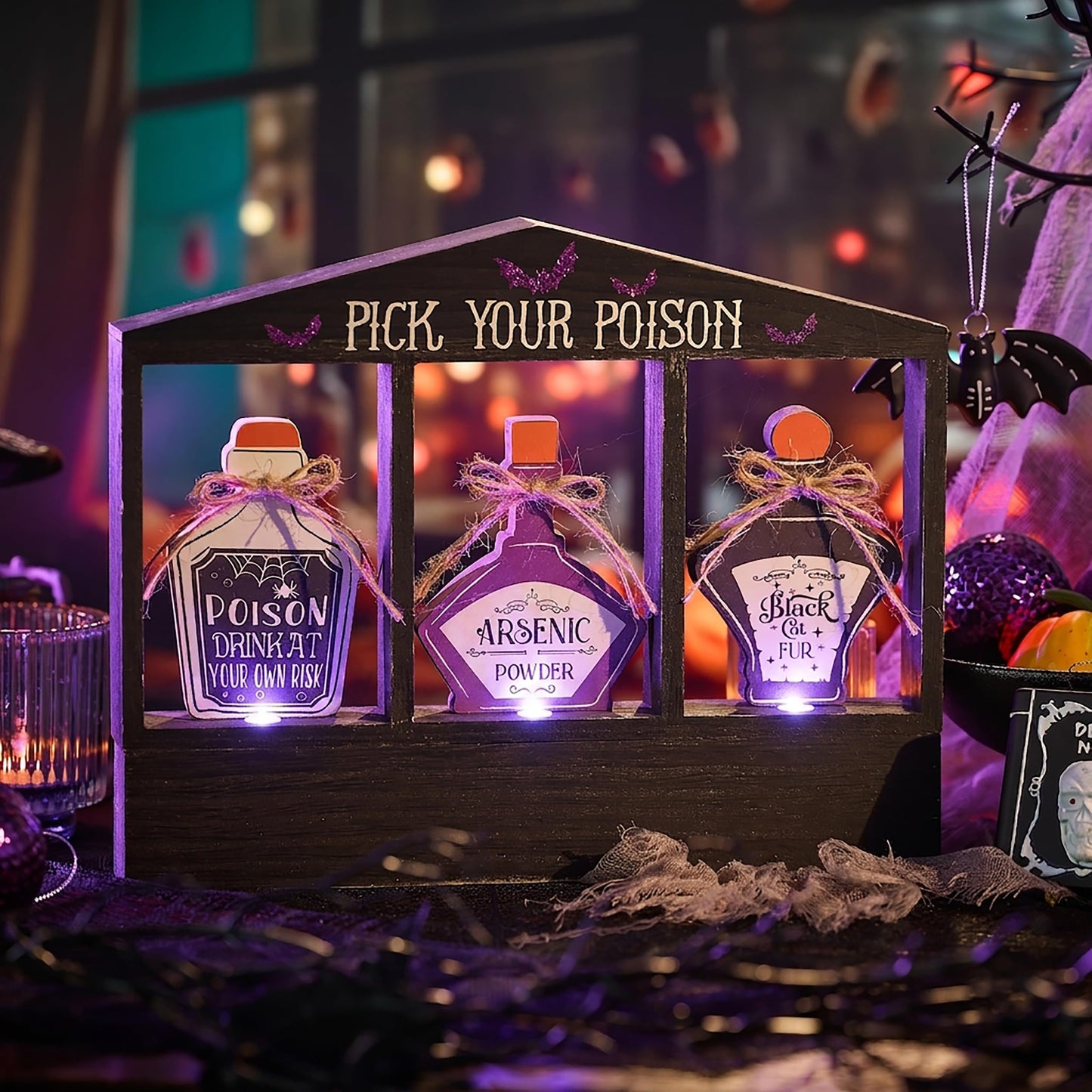 Valery Madelyn Halloween Decorations Indoor with Purple LED Lights, Lighted Spooky Halloween Decor Pick Your Poison Tabletop Sign, Witch Decorations for Home Party Office, 8 Inch