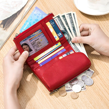 Unisex Pebble Leather Wallet, 5.3In Short Genuine Leather Coin Card Holder, Two zippered pockets, Unisex Clutch Bags, Can Hold Coins, Cards, Id Cards (Purple)