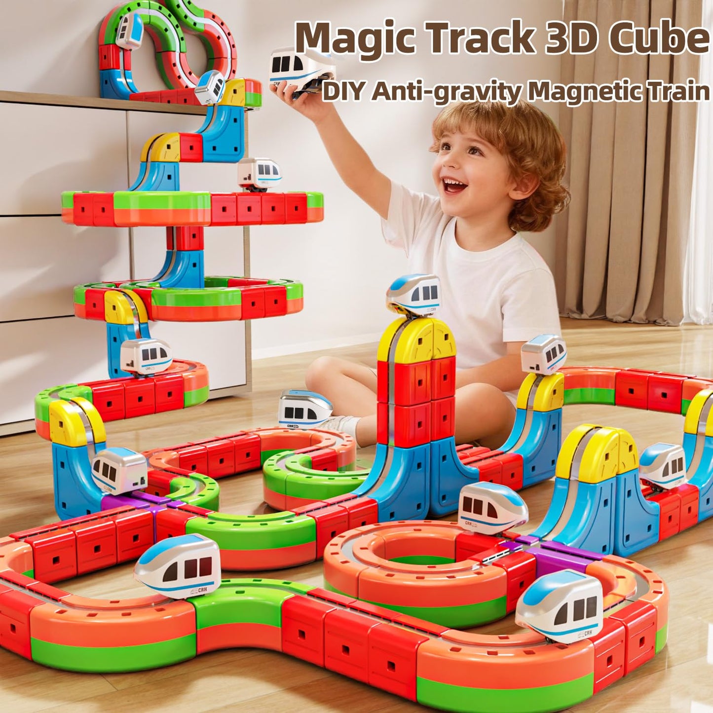 Electric Train Set with 2 Trains, 3D Infinity Train Tracks, DIY Toy Car Track, Modular Building Blocks Freely Assembled, STEM Learning Toy for Kids Toddlers Boys & Girls (Blue & White Trains)